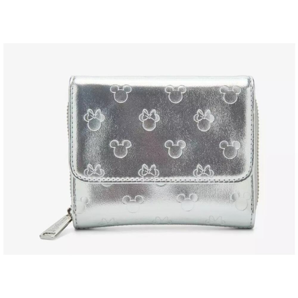 Loungefly Disney Mickey & Minnie Silver Metallic Zip Wallet | NWT